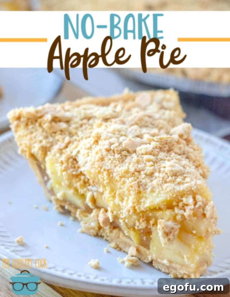 Close-up of a slice of no-bake apple pie on a white plate, highlighting the tender apple filling and crunchy graham cracker topping for a perfect bite.