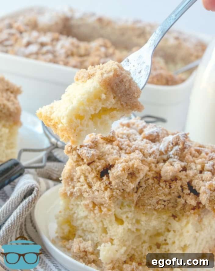 a fork holding a piece of double crumb cake above a slice of cake.