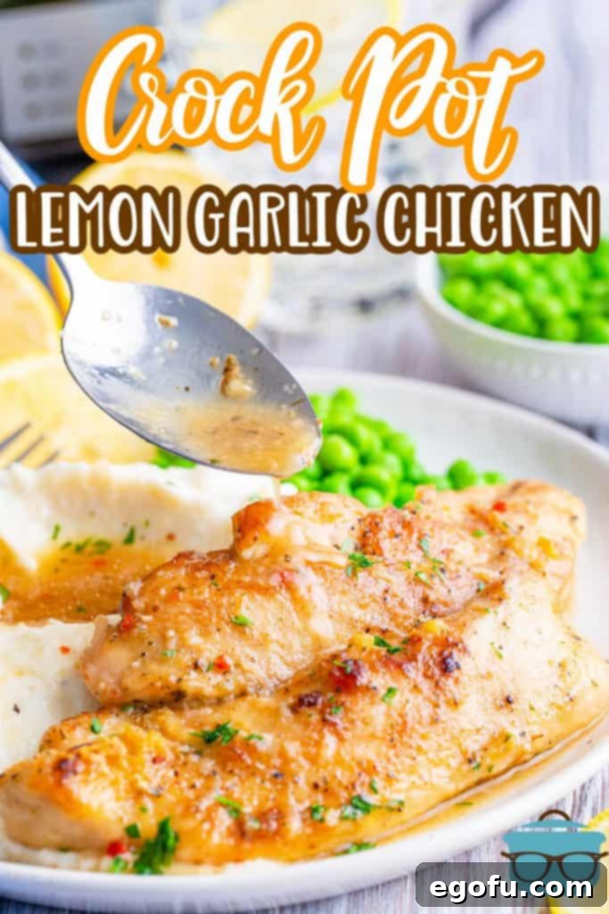 Zesty Slow Cooker Lemon Garlic Chicken 4 Crock Pot Lemon Garlic Chicken recipe from The Country Cook, two slices of chicken tenders shown on a plate with sauce being poured from a spoon.