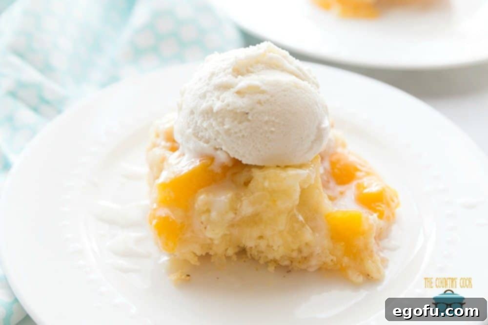 A slice of Easy Peach Cobbler Cake with a scoop of vanilla ice cream on a white plate, showcasing its golden crumble topping and juicy peach filling.