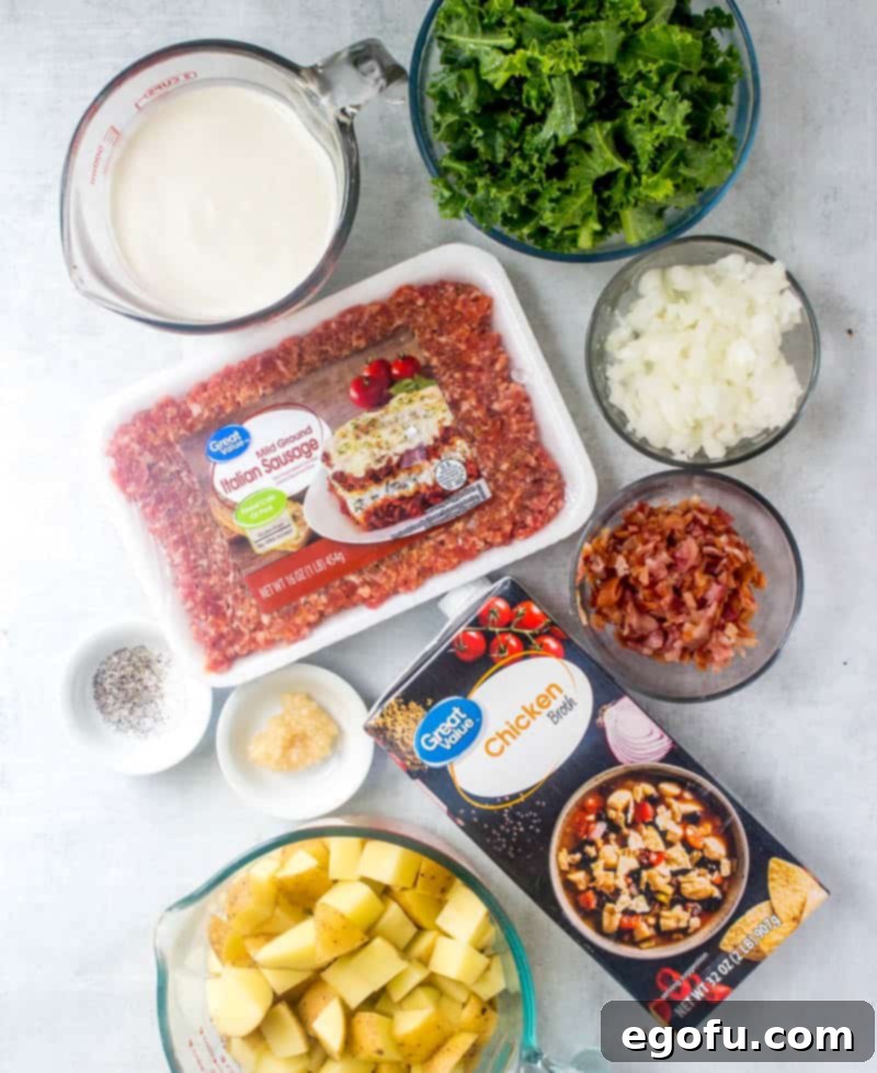 The Ultimate Copycat Olive Garden Zuppa Toscana Recipe 4 bacon, Italian sausage, yellow, onion. garlic, chicken stock, russet potatoes, salt and pepper, kale, heavy whipping cream, grated Parmesan cheese.