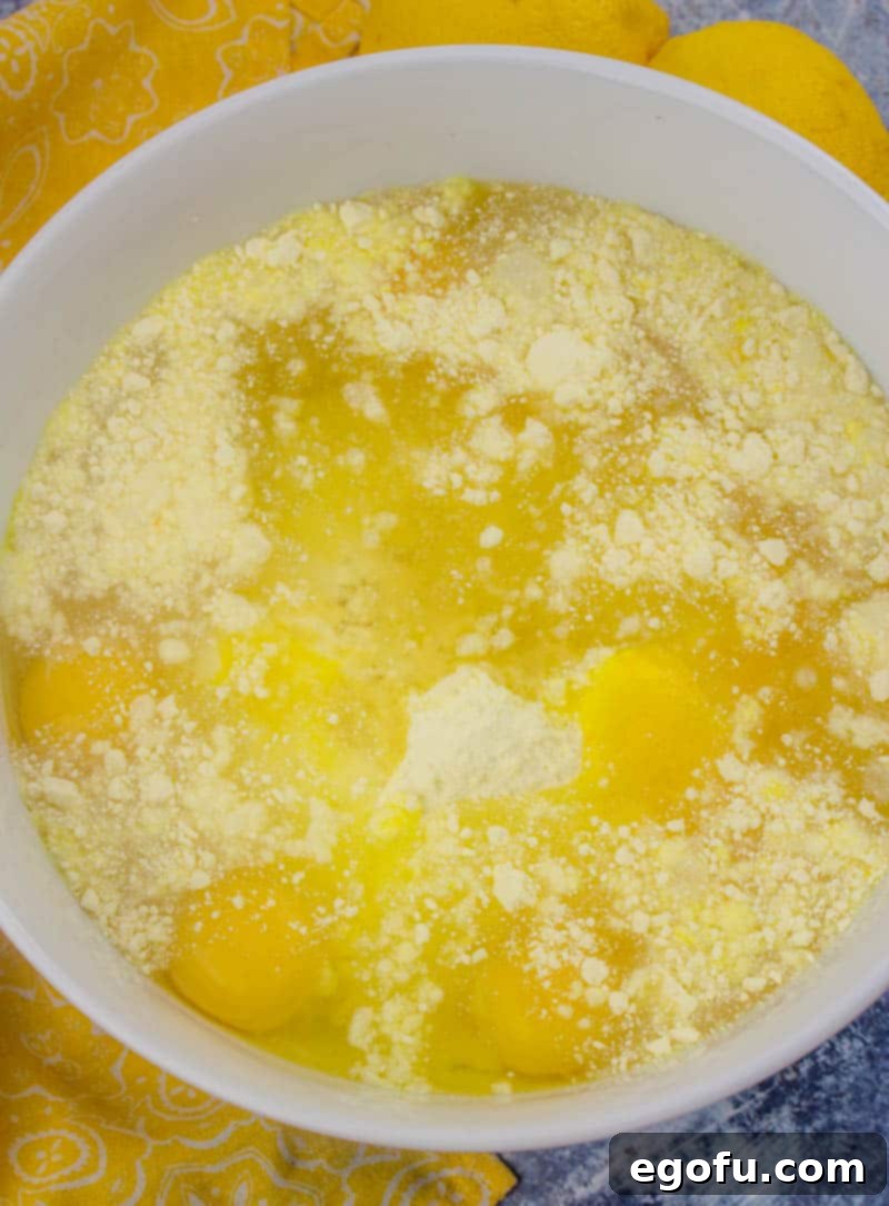 Zesty Lemon Drop Bliss 5 Lemon cake mix, eggs, oil, and lemon Jell-O are mixed together in a bowl, showcasing the vibrant yellow, smooth batter.