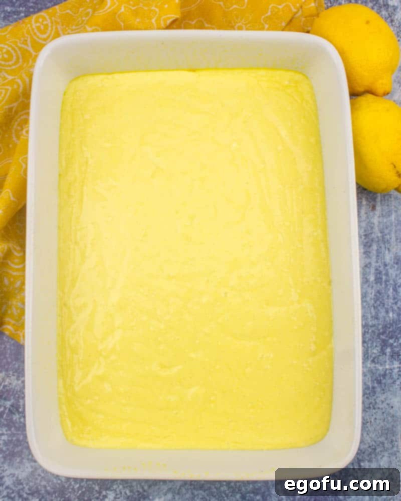 Zesty Lemon Drop Bliss 6 Smooth lemon cake mix batter poured evenly into a 9x13 baking dish, showcasing its readiness for baking.