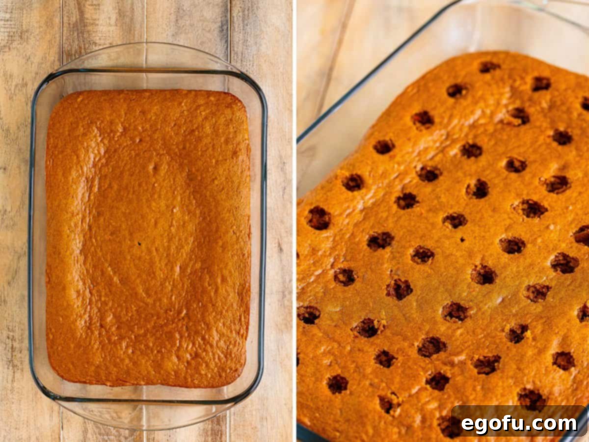 Super Moist Carrot Poke Cake 5 A baked Carrot Cake in a glass baking dish.