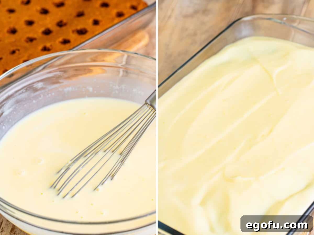 Super Moist Carrot Poke Cake 6 A whisk in a bowl of cheesecake pudding.