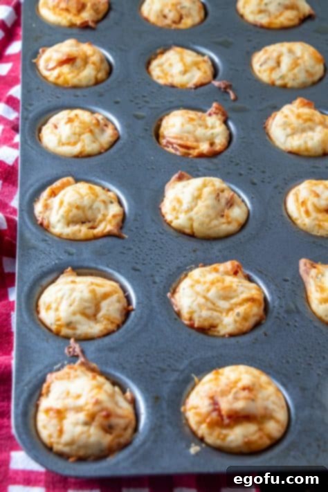 Cheesy Pepperoni Poppers 17 fully baked pizza puffs in a muffin tin.
