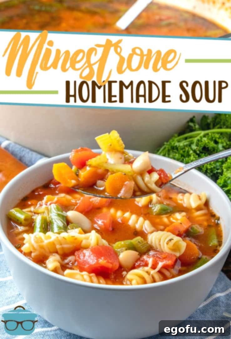 Close-up of Homemade Minestrone Soup in a bowl with a spoon, garnished with Parmesan