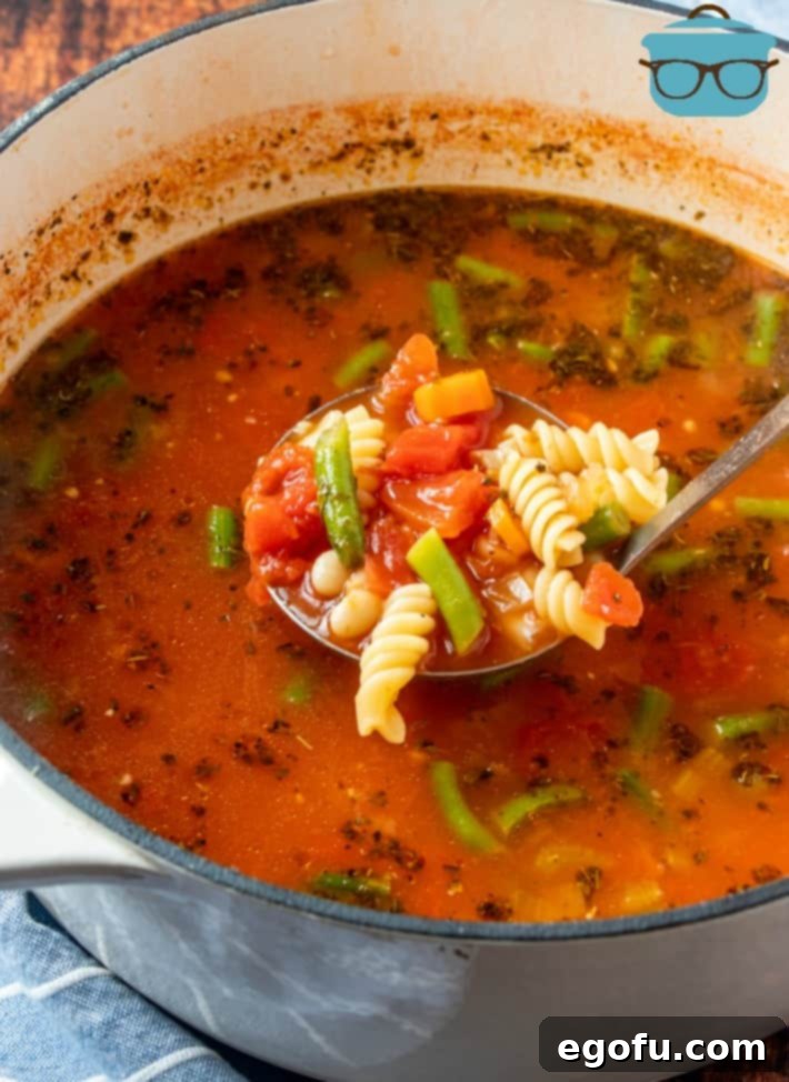 Finished Minestrone Soup in a stock pot being served with a ladle