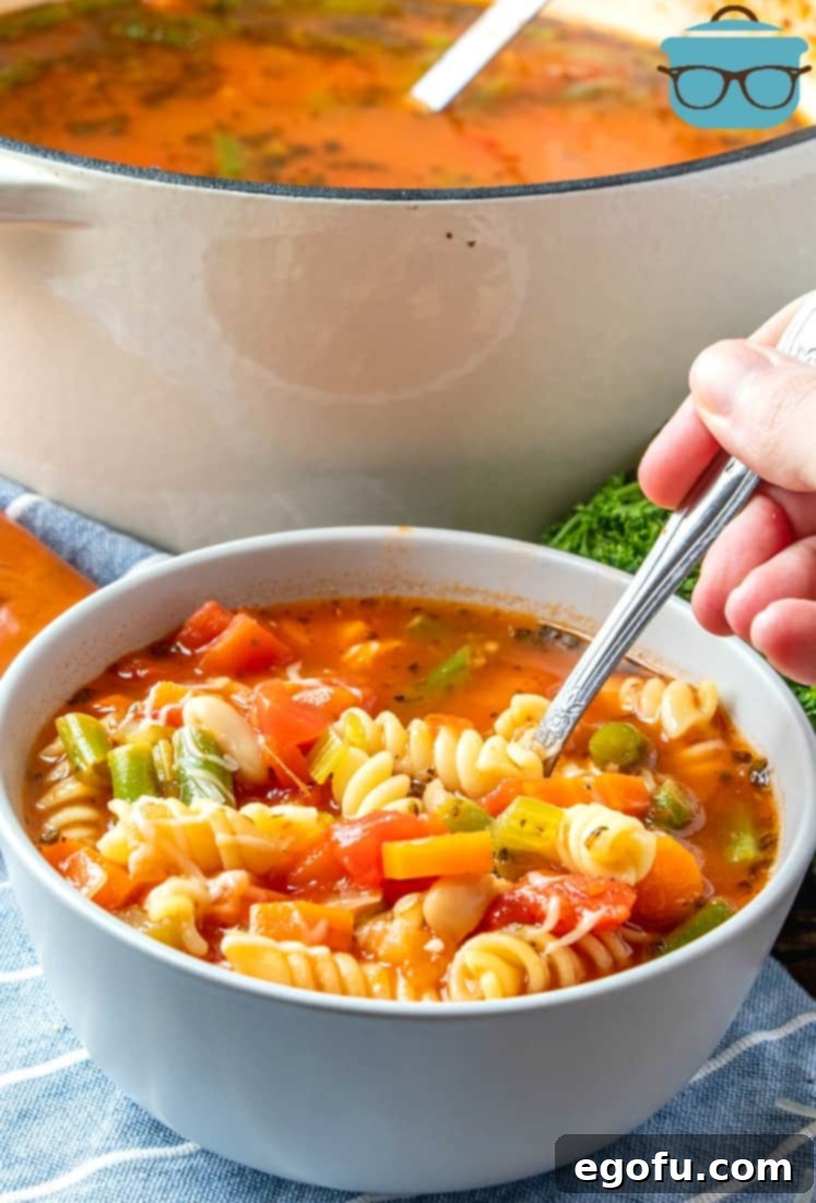 Bowl of hearty vegetable Minestrone soup with a spoon, ready to eat
