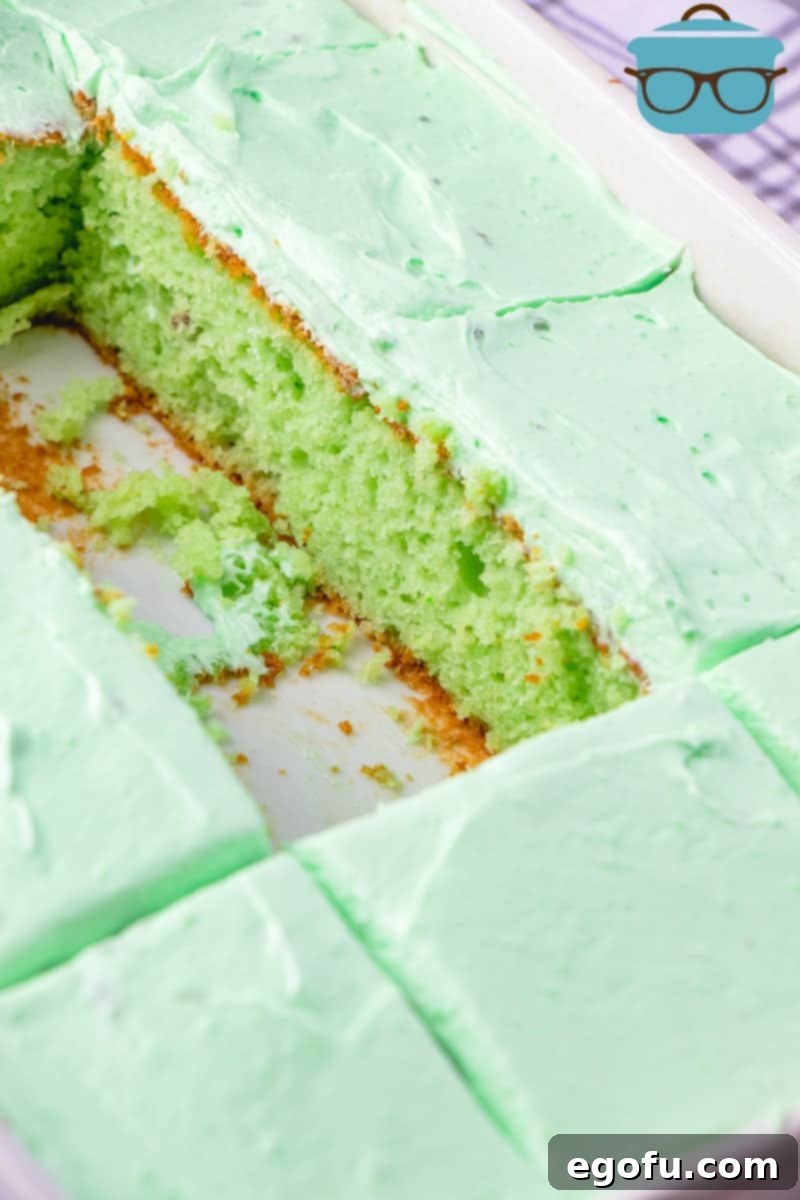 Finished, Pistachio Cake with slices removed (in baking dish).