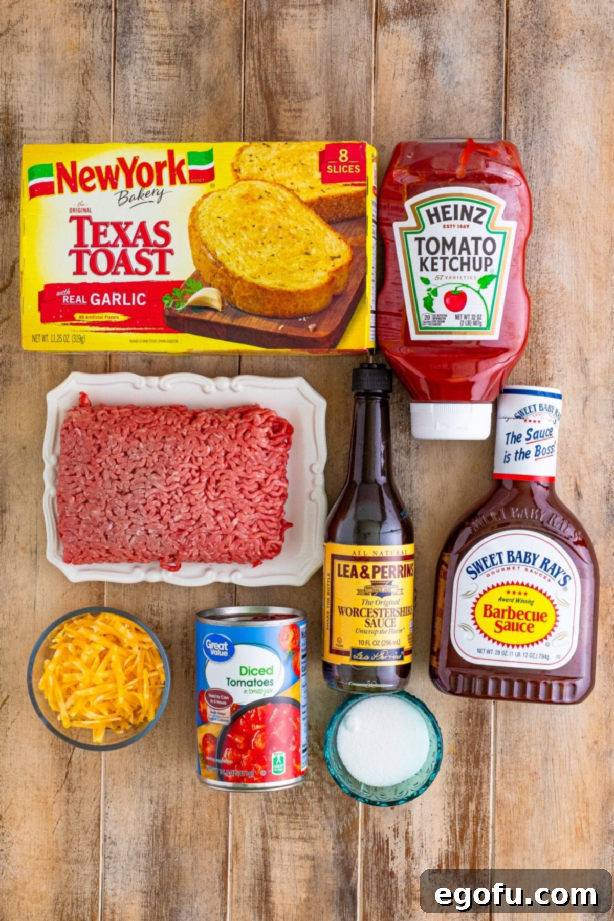Texas Toast, ketchup, ground beef, Worcestershire sauce, bbq sauce, cheese, diced tomatoes, and sugar.