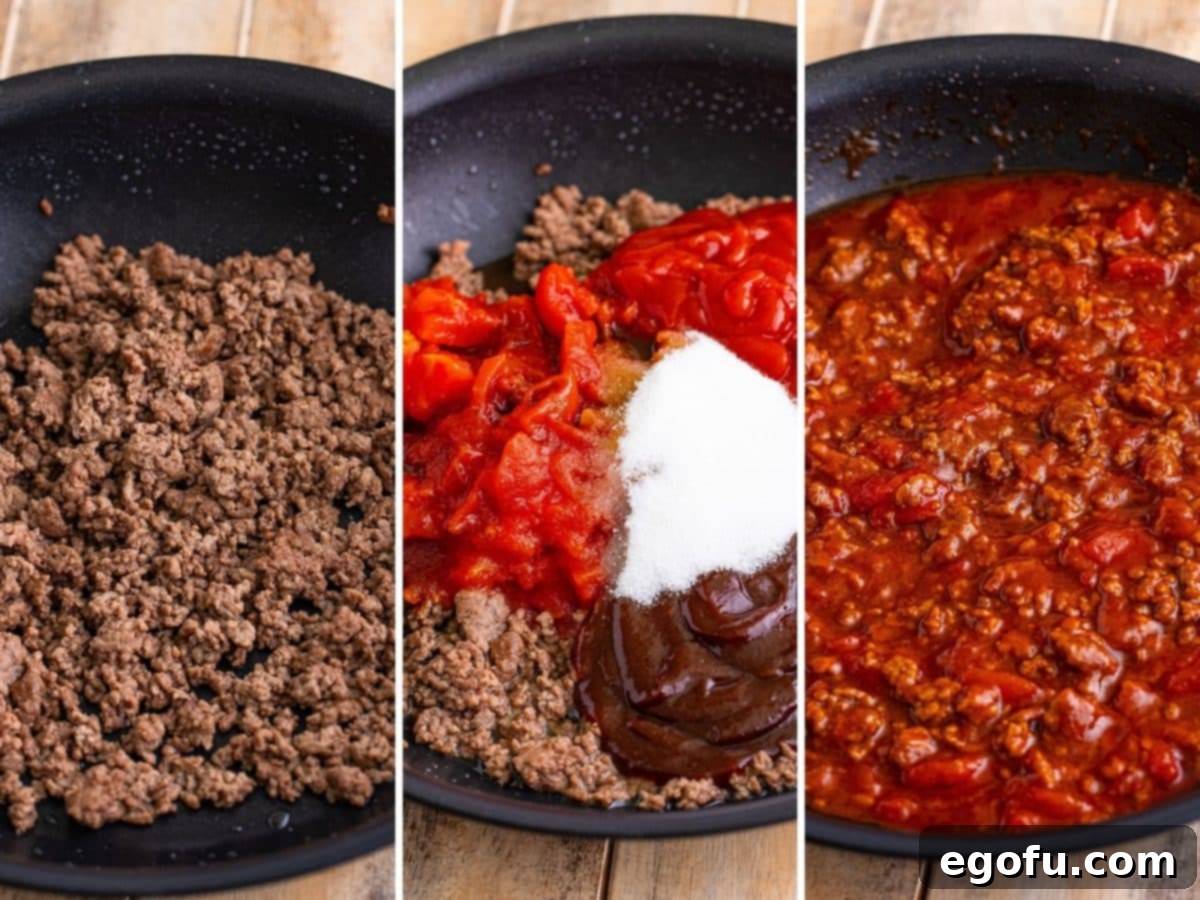 A skillet with cooked ground beef, the sloppy joe sauce ingredients on it and then a skillet with sloppy joe mixture. 
