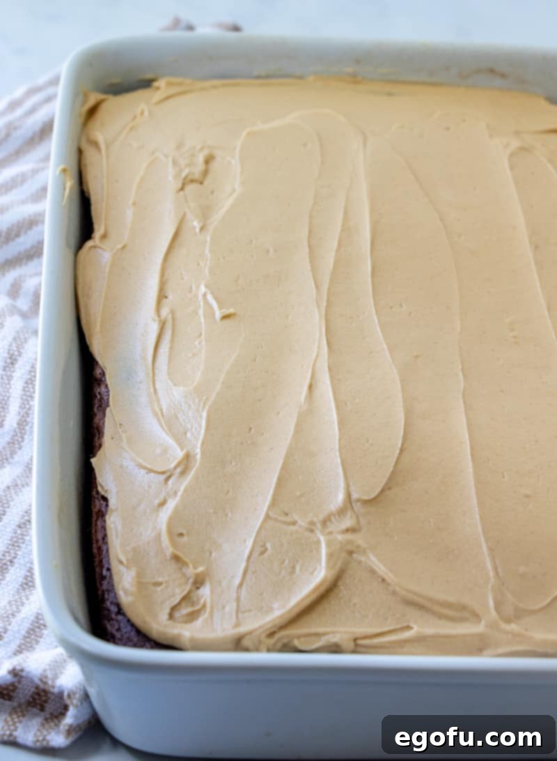 finished, peanut butter frosting on chocolate cake in a rectangle white baking pan.