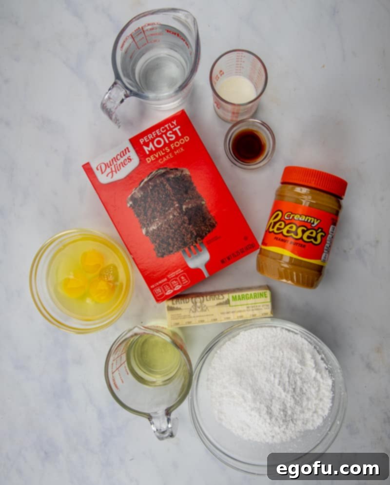 chocolate cake mix, eggs, oil, water, margarine, Reese's creamy peanut butter, powdered sugar, milk, vanilla extract.