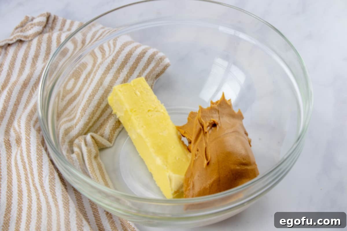 softened margarine and Reese's peanut butter combined in a bowl.