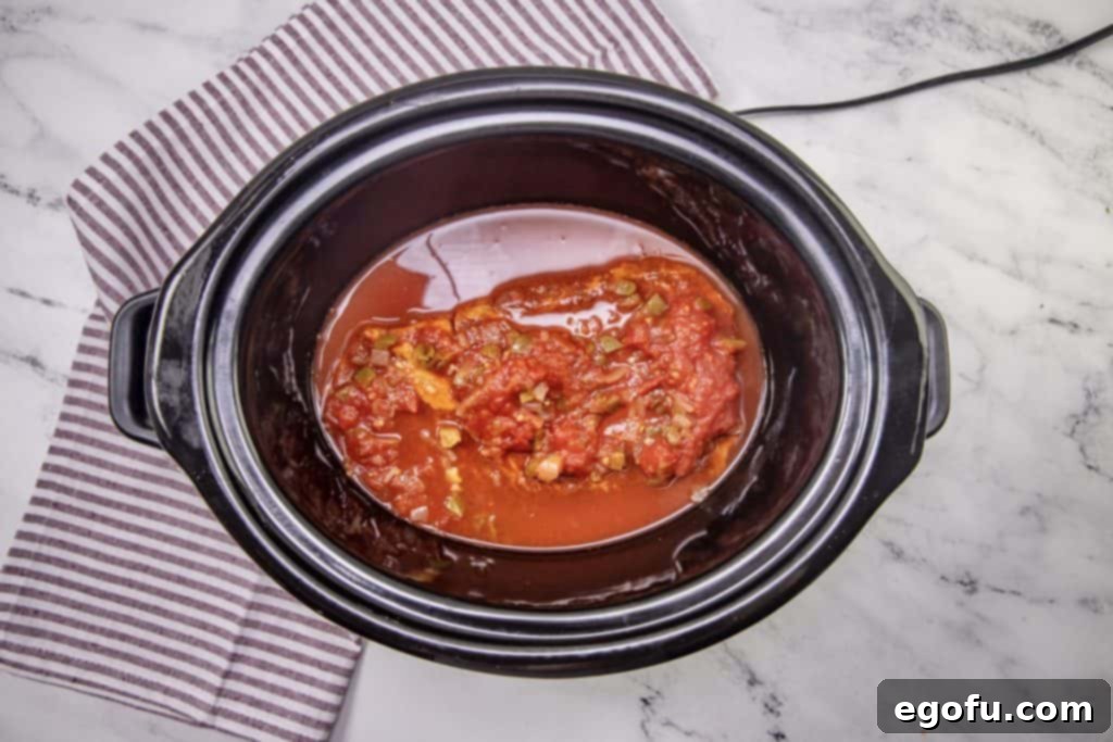 A chuck roast nestled in a slow cooker, generously covered with salsa and a pour of water, ready for slow cooking.