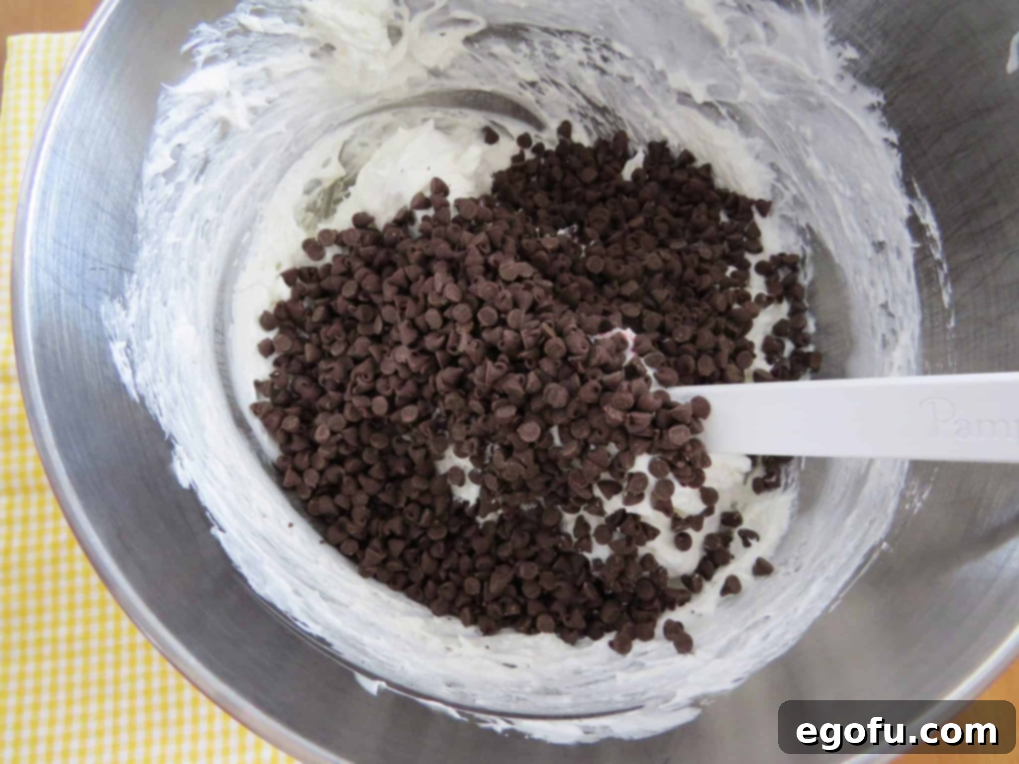 mini chocolate chips added to cheesecake mixture.