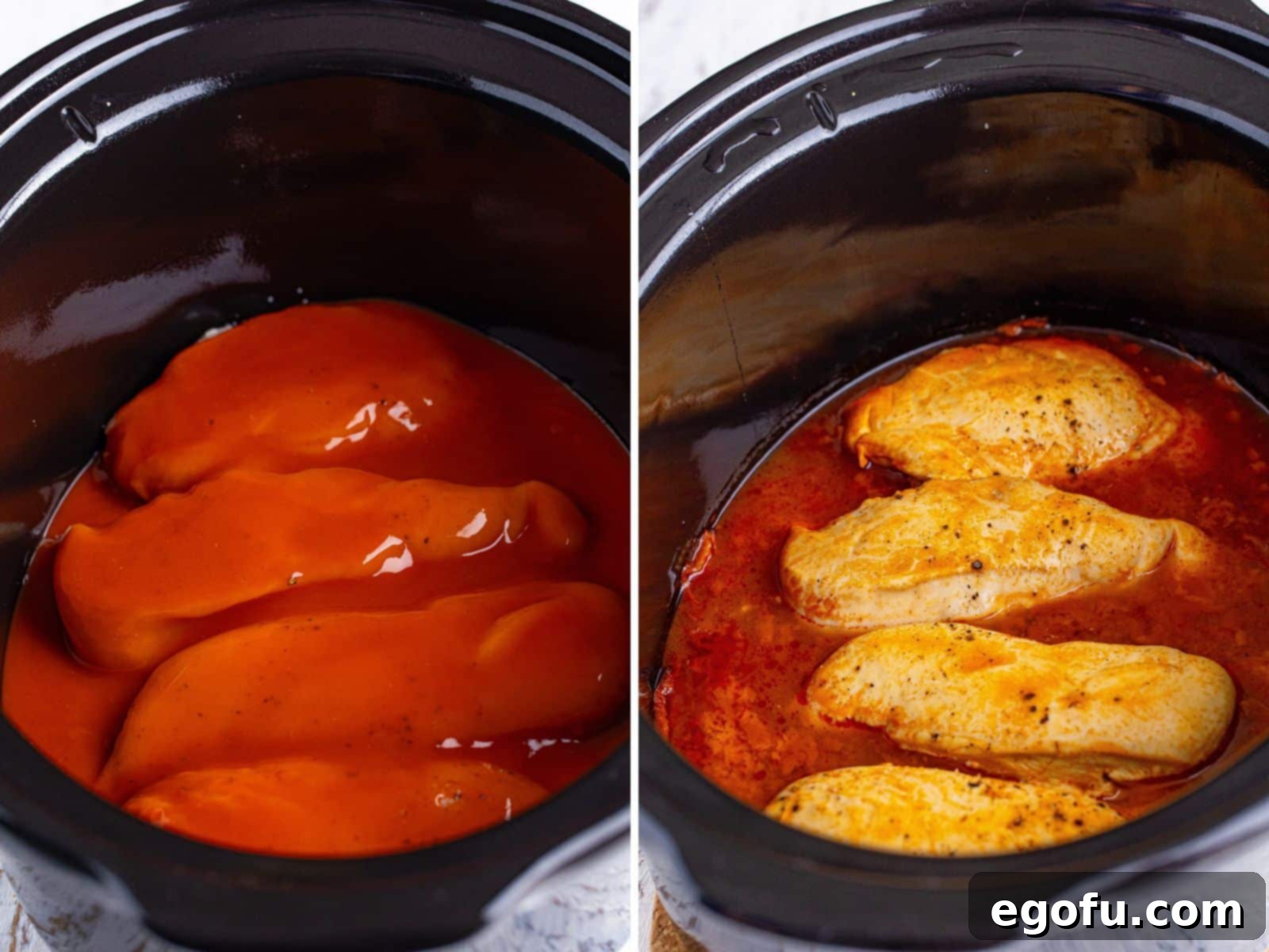 A side-by-side comparison of a crock pot: one with raw chicken covered in buffalo sauce, and the other with cooked, tender chicken simmering in the sauce, ready for shredding.
