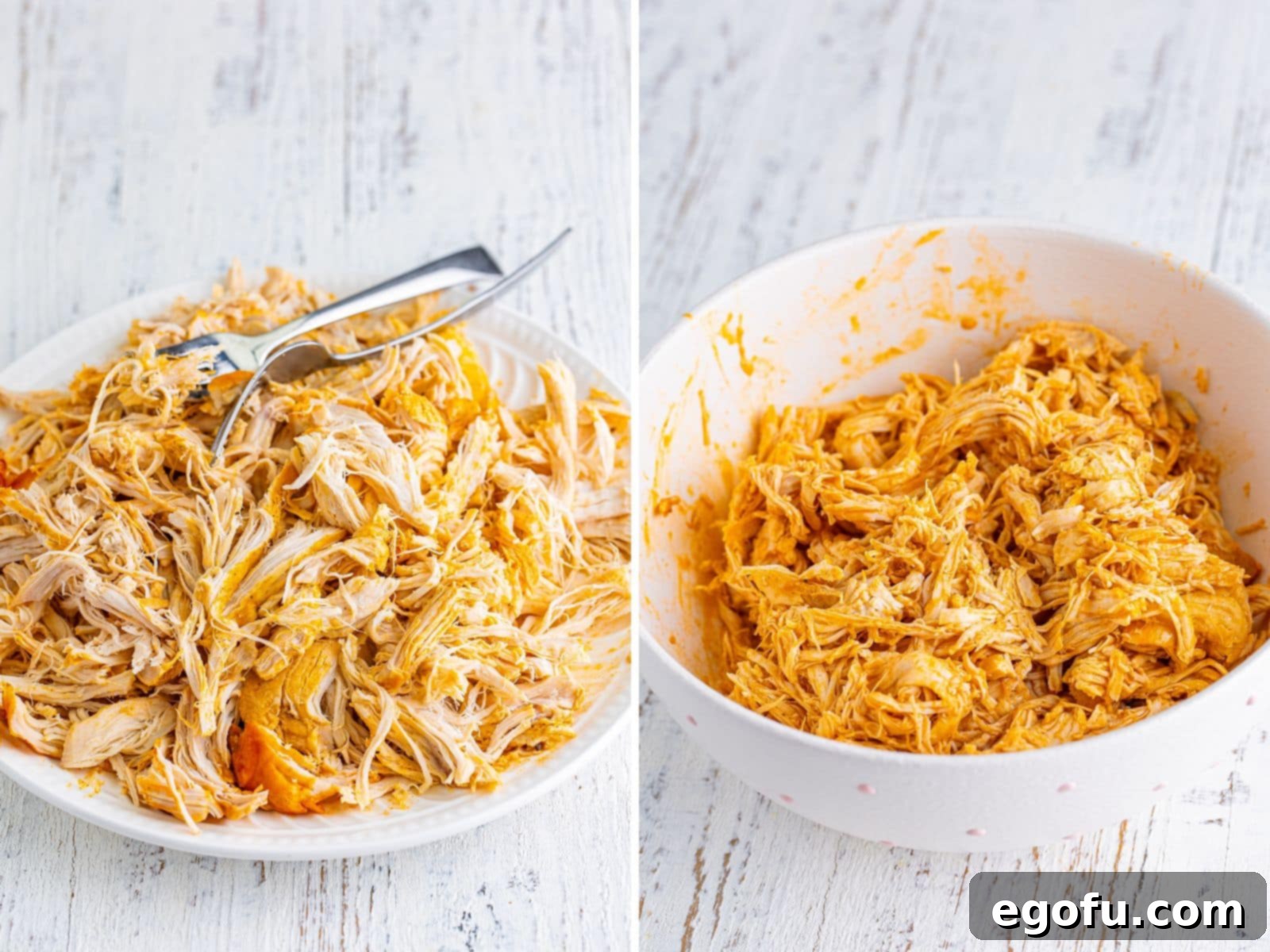 A two-part image showing shredded buffalo chicken on a plate after cooking, and then the shredded chicken transferred to a bowl with some of the cooking liquid poured over it for moisture.