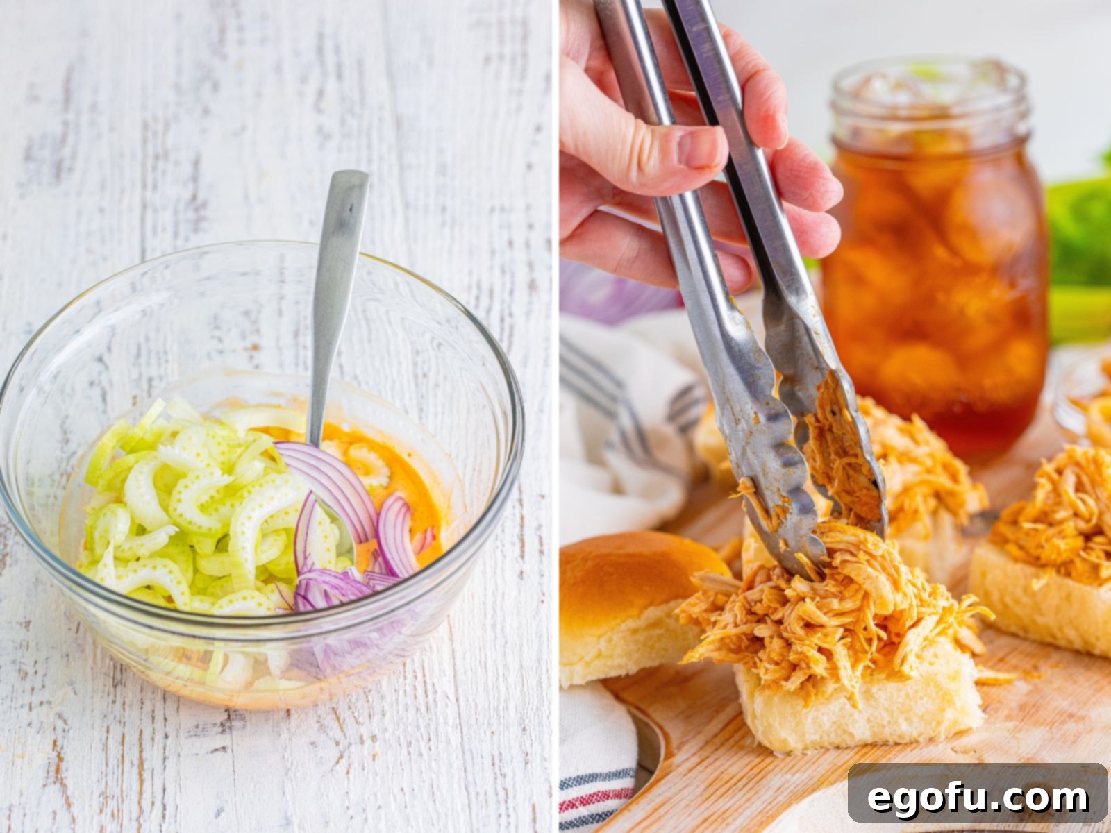 A two-part image: a glass bowl containing the vibrant celery slaw, and a hand using tongs to expertly place a heap of shredded buffalo chicken onto an open slider roll.