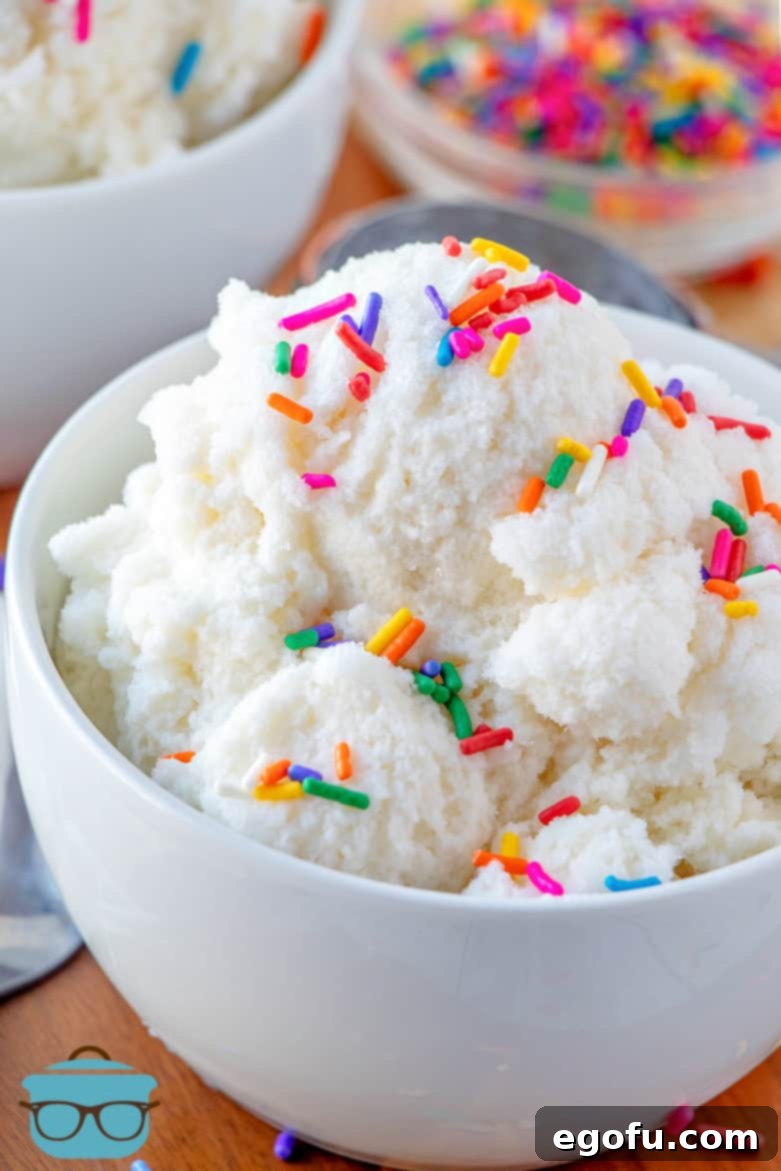 snow ice cream shown in a white bowl and topped with colorful sprinkles, inviting a delightful winter indulgence.
