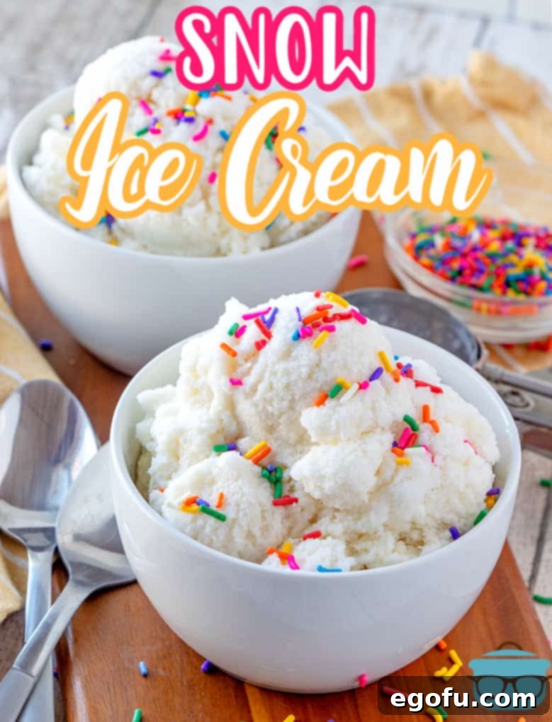 Snow Ice Cream recipe from The Country Cook, snow cream shown in two small white bowls and topped with colorful sprinkles with spoons set to the side, ready to be enjoyed.