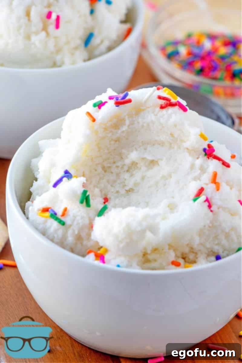 Homemade Snow Cream shown scooped into a bowl, garnished with colorful sprinkles and ready to eat.