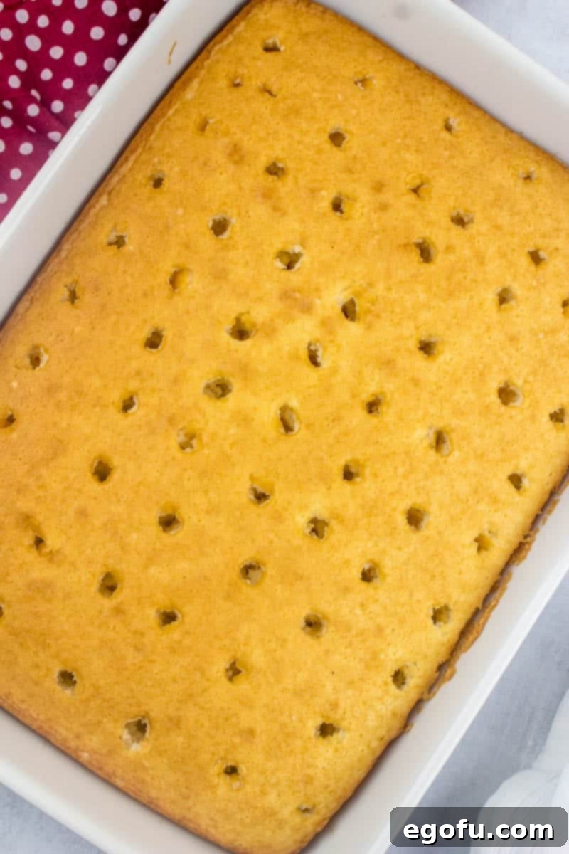 Ruby Snowdrift Cake 5 A freshly baked white cake with evenly spaced holes poked into its surface, ready to absorb the creamy pudding.