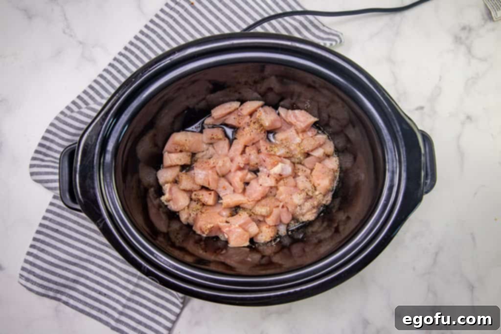 cubed chicken breast sprinkled with Italian dressing seasoning and chicken broth in a black oval slow cooker.