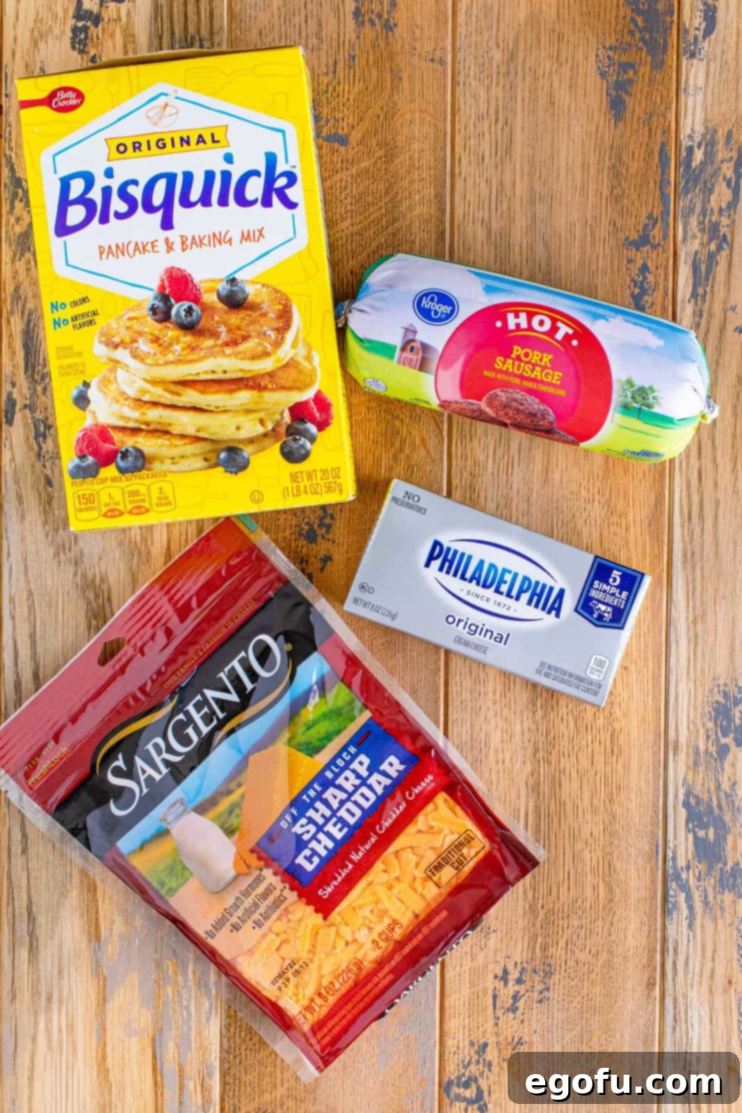 Cream Cheese Sausage Poppers 4 Bisquick, ground sausage, cream cheese, cheddar cheese.