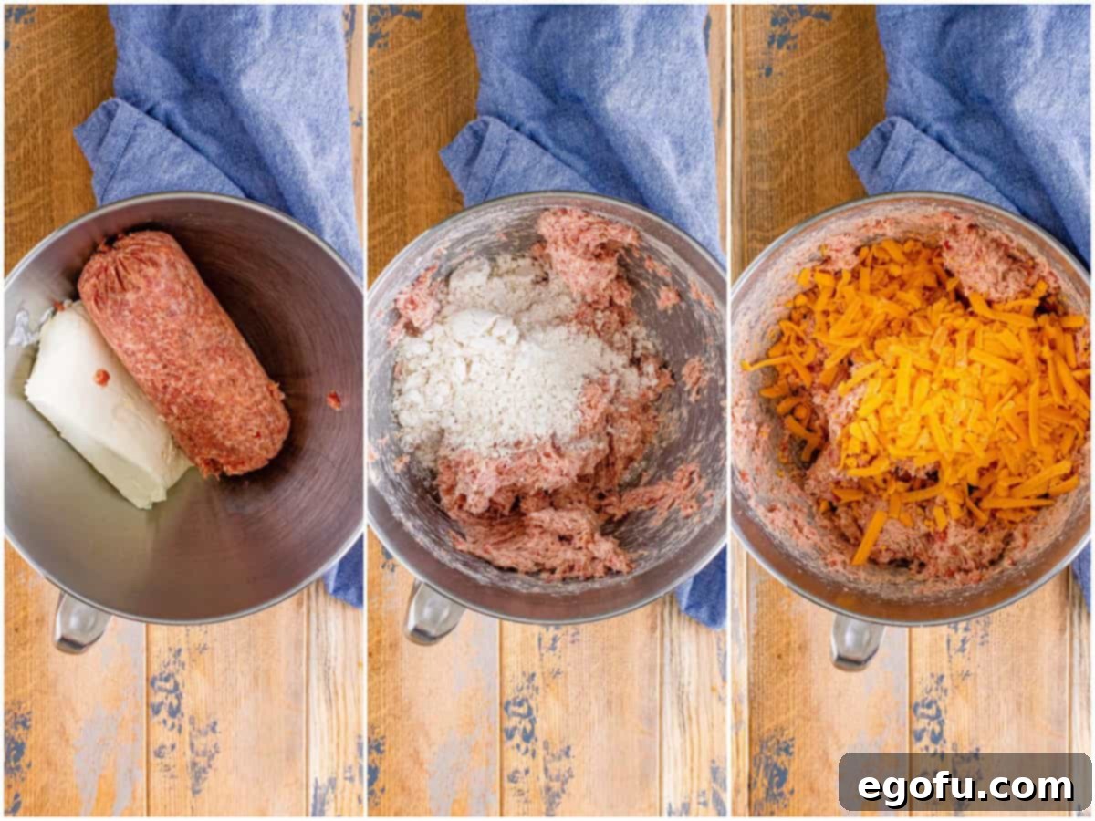 Cream Cheese Sausage Poppers 5 collage of three photos: cream cheese and sausage in the bottom of a stand mixer; Bisquick mix added to sausage mix; shredded cheese added to sausage mix.