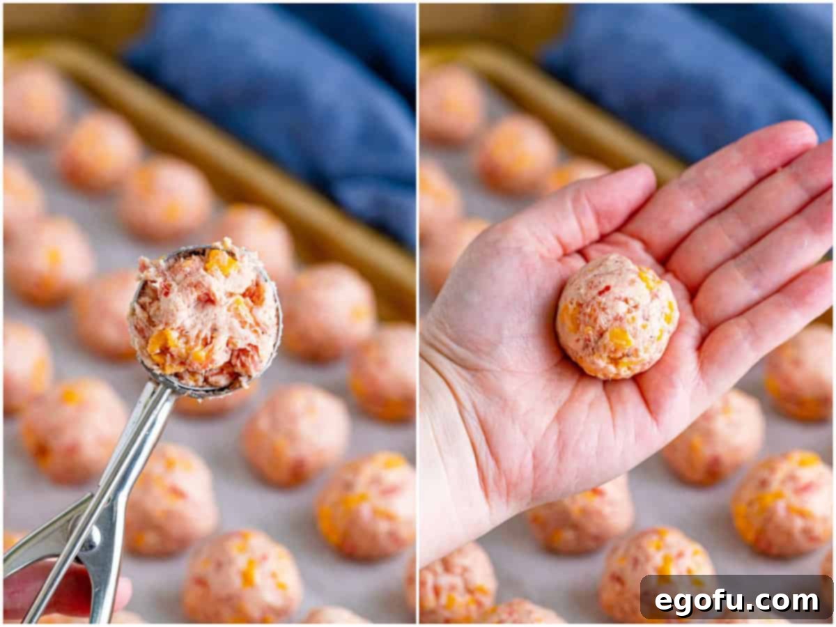 Cream Cheese Sausage Poppers 6 collage of two photos: spring loaded scoop with cream cheese sausage mixture; rolling cream cheese sausage ball mixture in a hand.