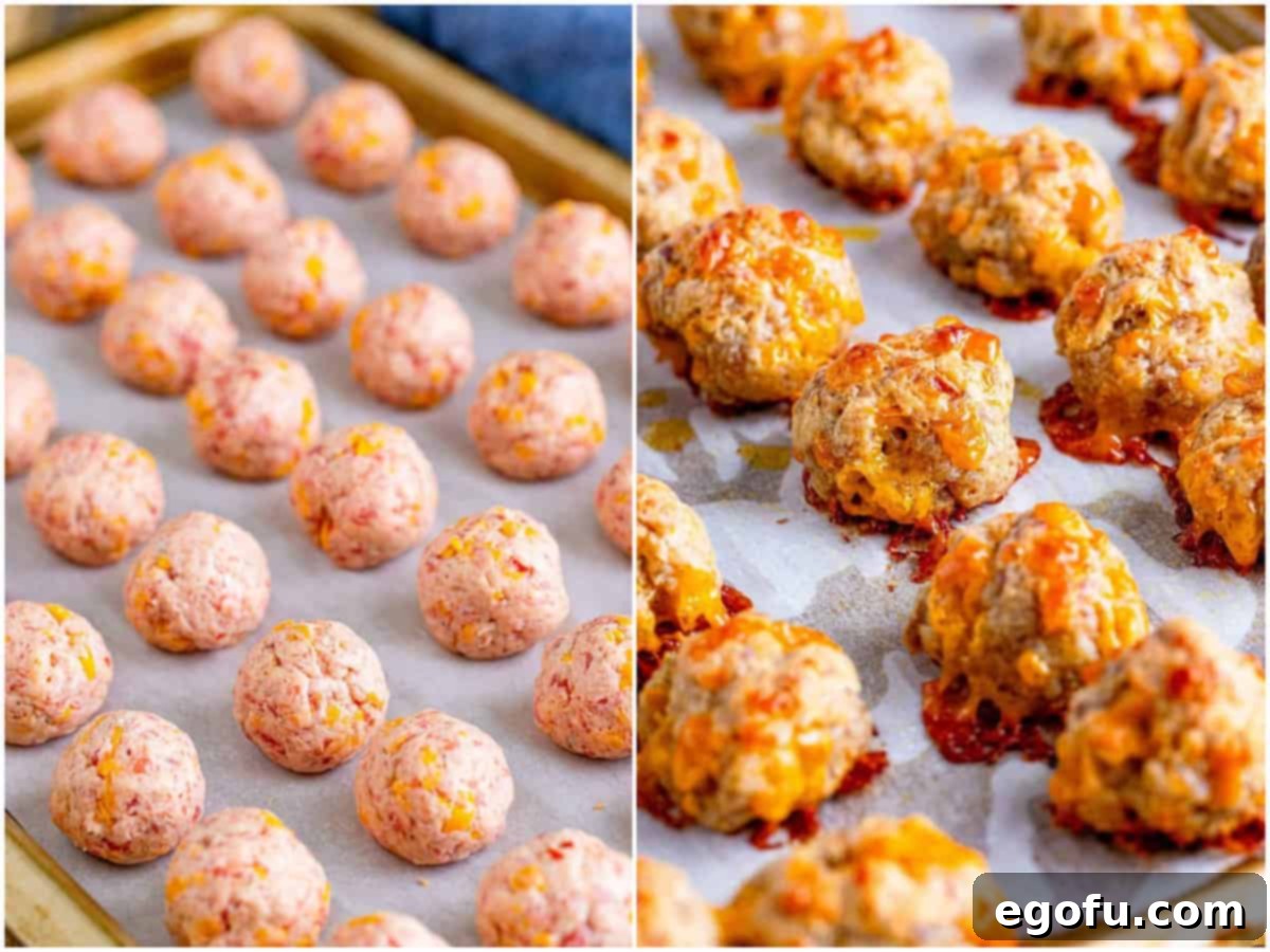 Cream Cheese Sausage Poppers 7 college of two photos: cream cheese sausage balls lined up on a baking sheet; fully cooked sausage balls on a baking sheet.