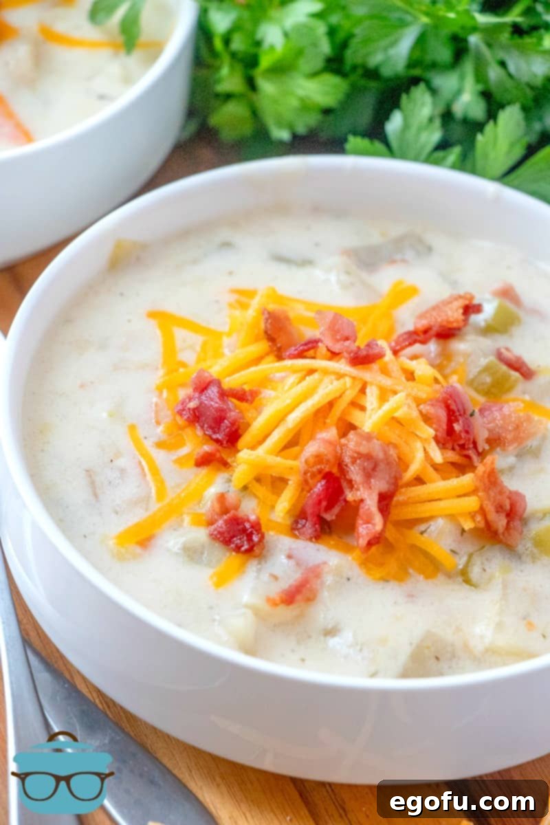 Potato Leek Soup shown in a white bowl, topped with shredded cheddar cheese and crumbled bacon, parsley pictured in the background.