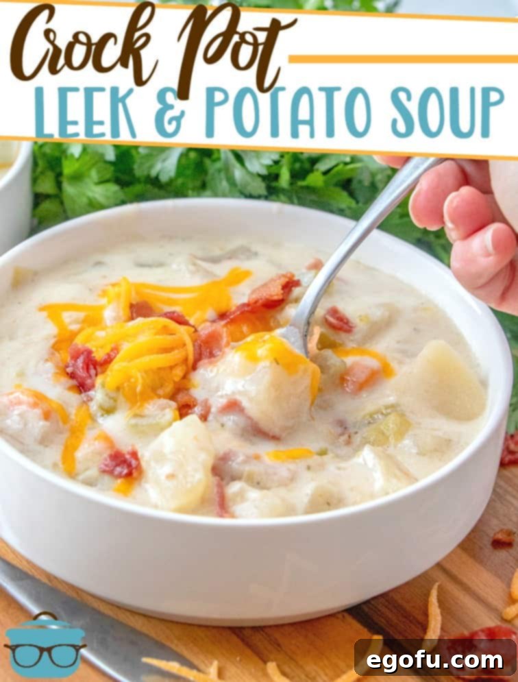 Crock Pot Leek and Potato Soup recipe from The Country Cook, pictured in a white bowl topped with shredded cheddar cheese and bacon pieces.