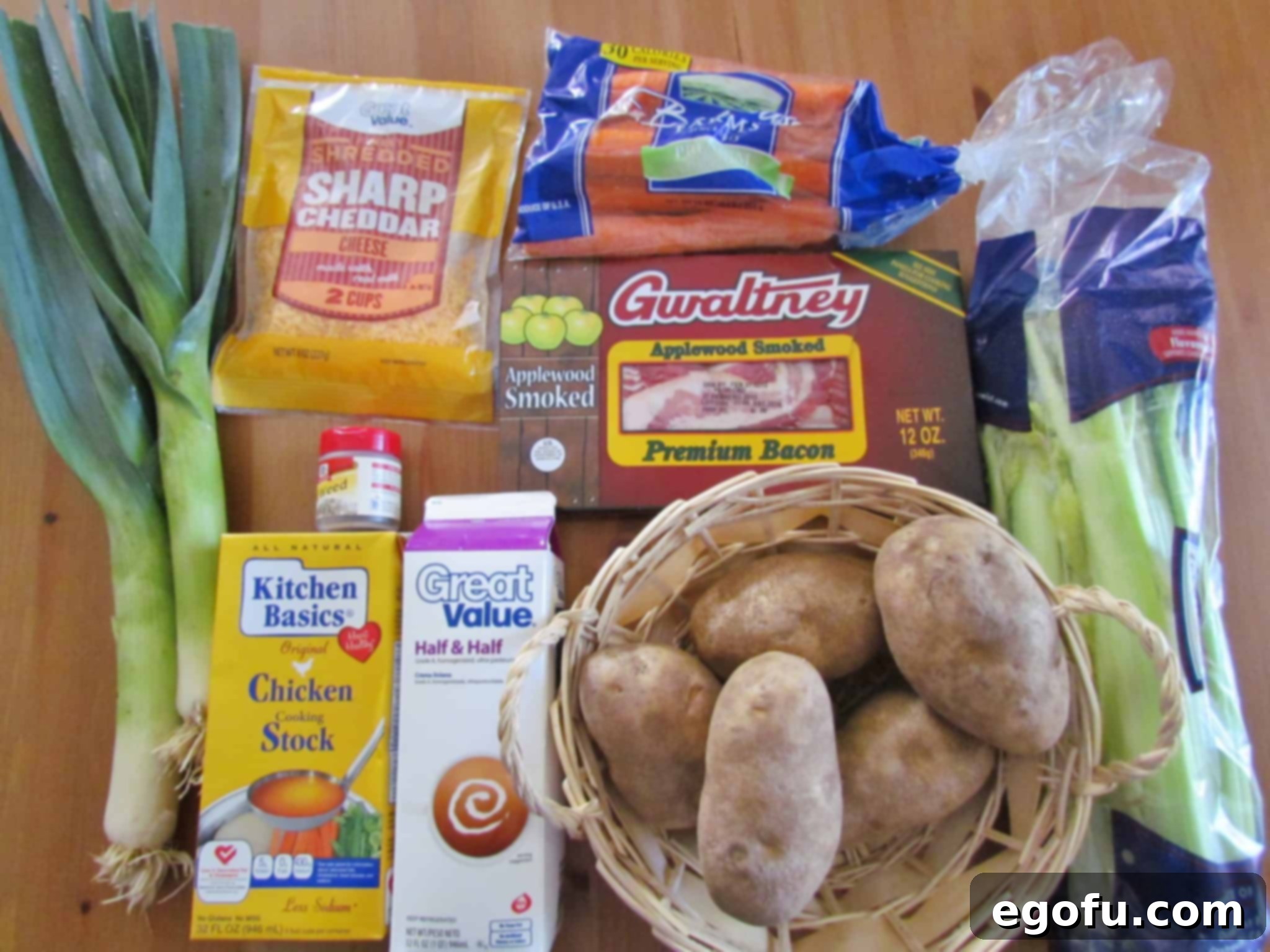 leeks, russet potatoes, chicken stock, bacon, half and half, carrots, celery.