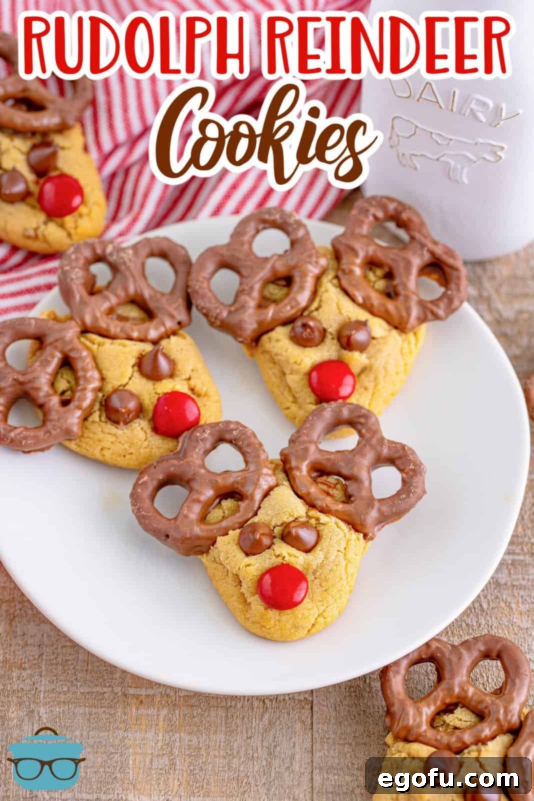 Red Nosed Reindeer Treats 3 a round white plate with three Reindeer Cookies on top.