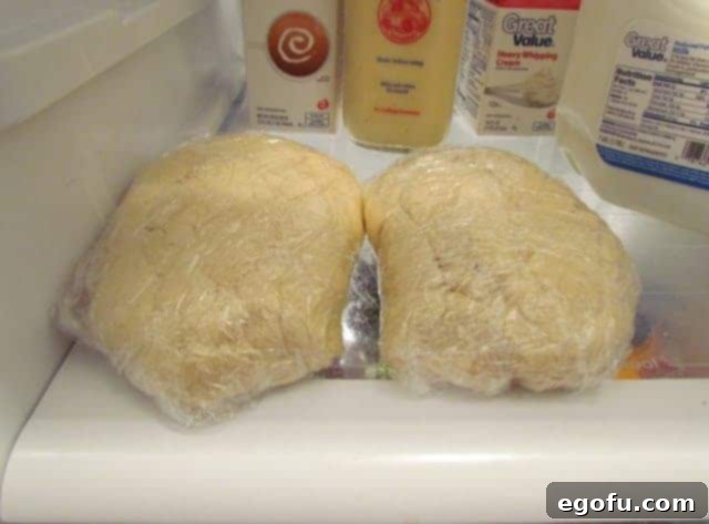 sugar cookie dough balls wrapped in plastic shown on a shelf in the refrigerator