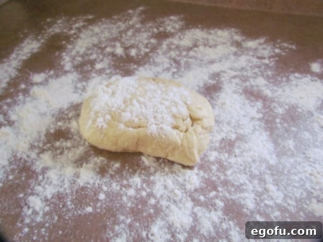 sugar cookie dough ball on flour covered surface and dough ball also covered in flour