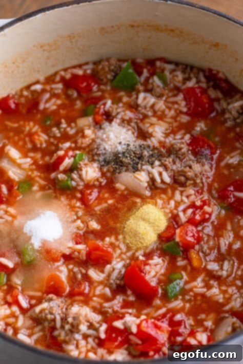 Sugar, garlic powder, salt, and pepper being added to the soup in the pot.