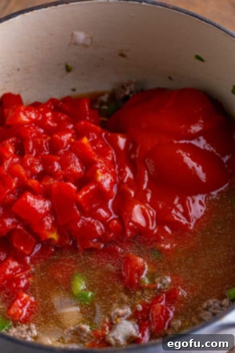 A pot filled with browned beef, onions, bell peppers, diced tomatoes, tomato soup, and chicken broth.