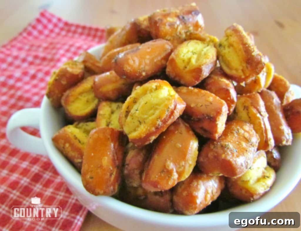 A bowl filled with finished, perfectly seasoned Ranch Pretzel Bites, ready for serving.