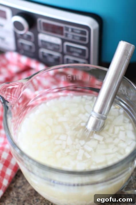 Chicken broth, onions, garlic, and rice in a bowl with a small whisk.