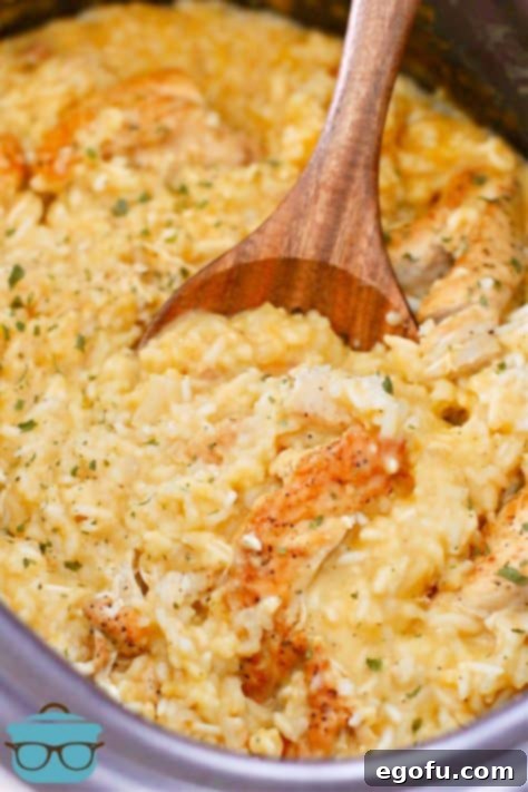 Fully cooked chicken and rice in the slow cooker with a wooden spoon.