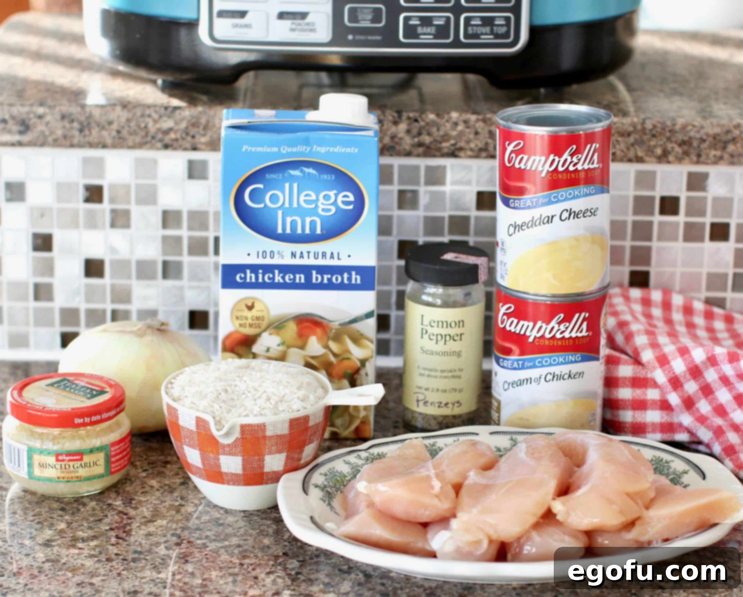 Ingredients for Crock Pot Chicken and Rice, including chicken tenderloins, lemon pepper, broth, onion, garlic, rice, and canned soups.