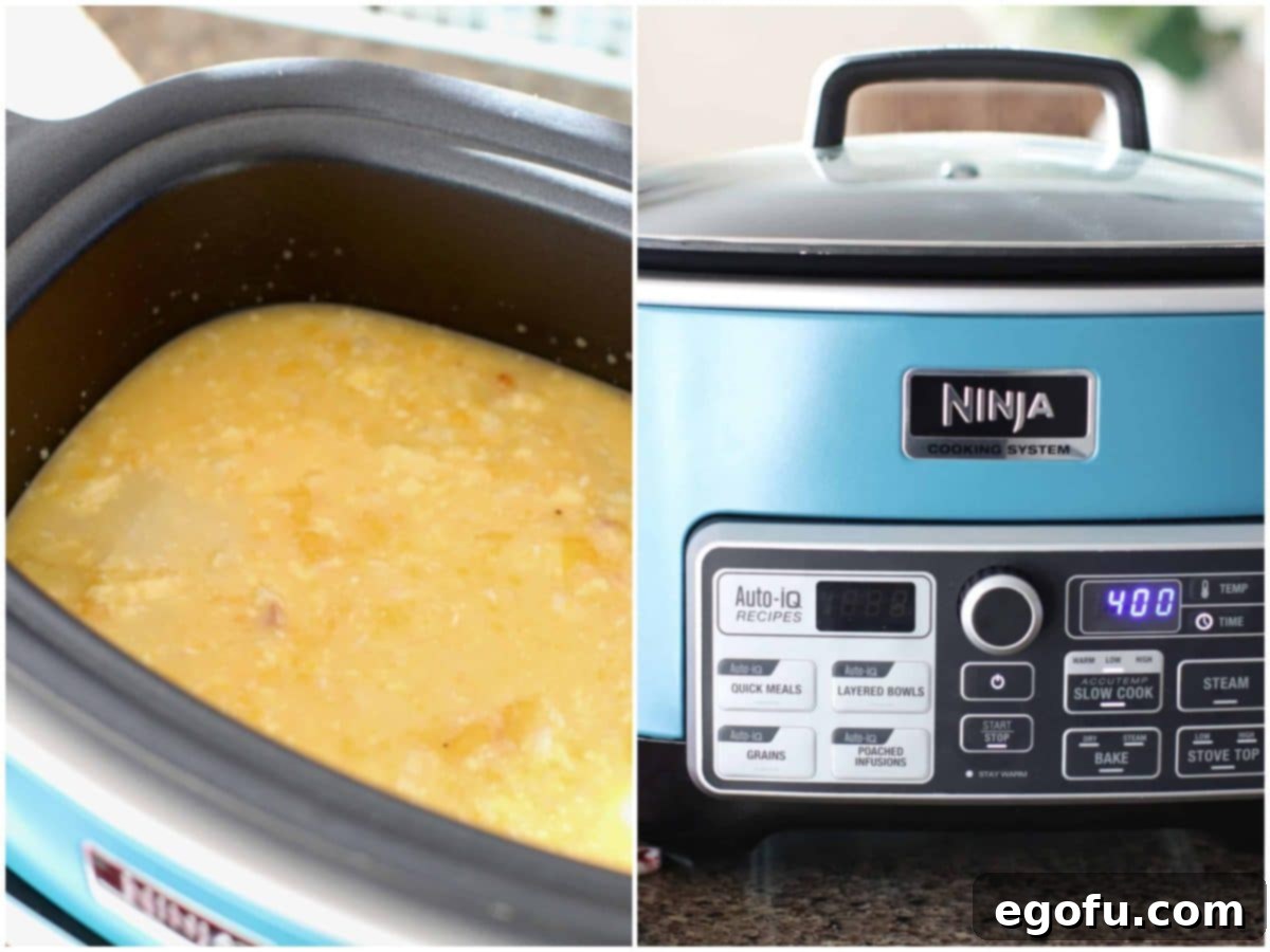 Collage showing the soup mixture poured over chicken in the slow cooker and the slow cooker covered for cooking.