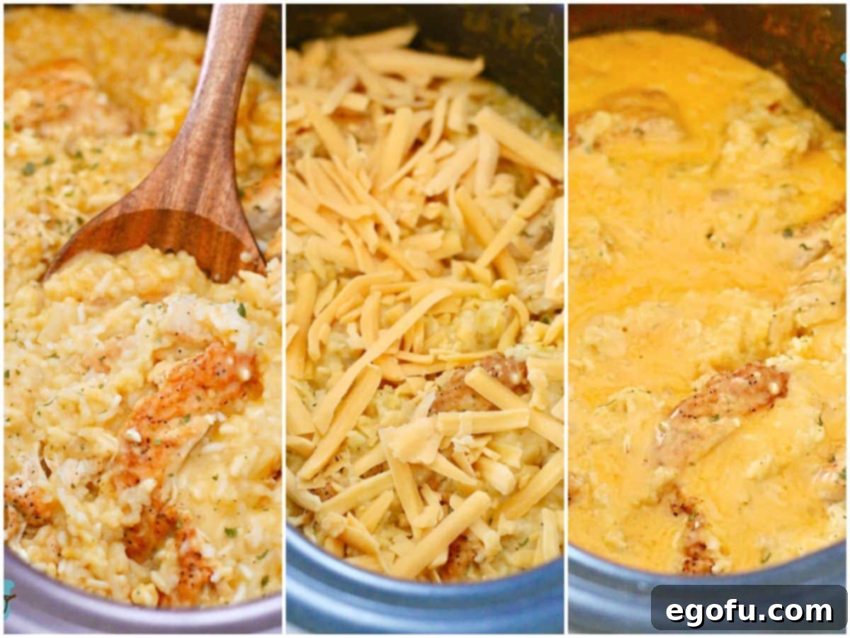 Collage showing fully cooked chicken and rice, then topped with shredded cheese, and finally melted cheese.