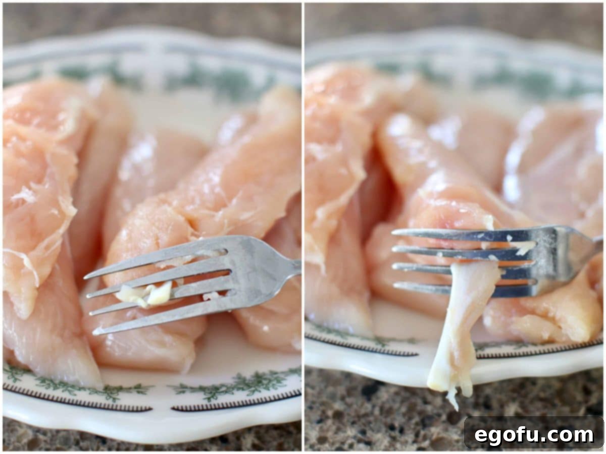 Collage demonstrating how to remove cartilage from chicken tenders using a fork.
