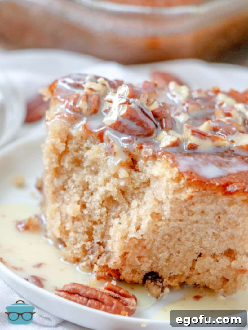 A perfectly sliced piece of Southern Pecan Praline Cake, glistening with sweet butter sauce and sprinkled with chopped pecans, presented on a pristine white plate.
