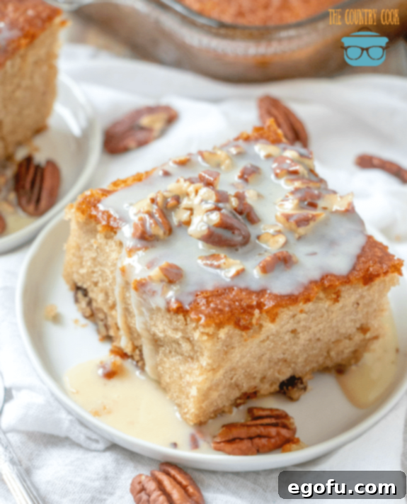 Southern Pecan Praline Cake made with a boxed cake mix and butter sauce.